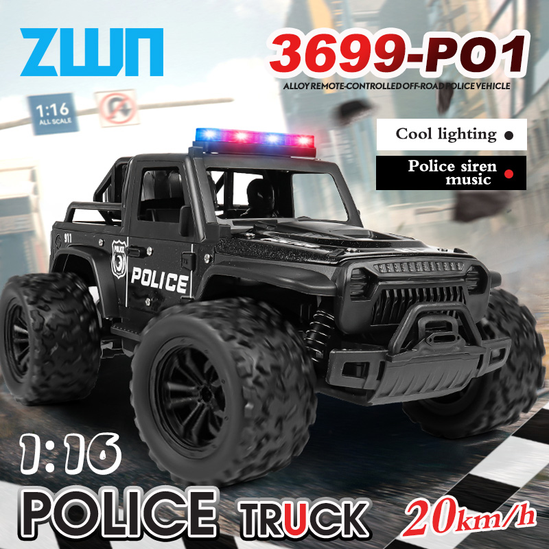 Home Security Police - ZWN 1:16合金製高速オフロードパトカーRCカー、音楽サウンドとLEDライト付き屋外玩具、2.4Gリモートコントロールカー