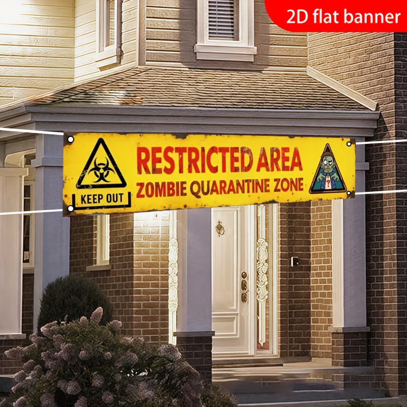 Home Security Fence - ハロウィーン装飾用の2Dフラットバナー1枚、「警告標識付き禁止区域ゾンビ隔離ゾーン」