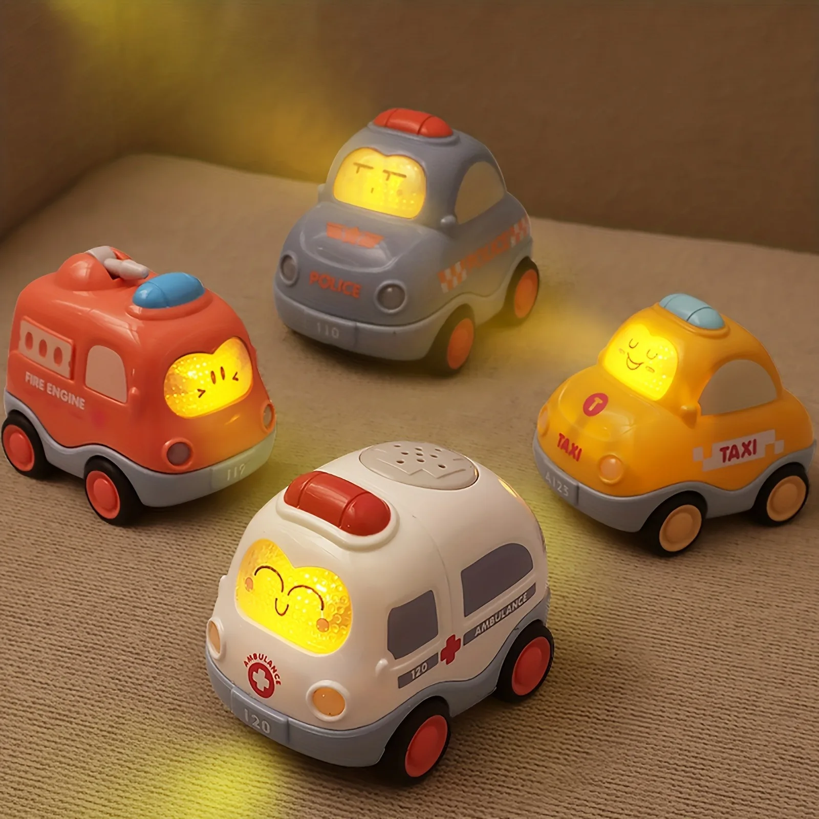 Home Security Police - プルバックカーおもちゃ 幼児向けライト＆サウンド付き車両、パトカー、救急車、消防車、タクシー 誕生日プレゼントおもちゃ