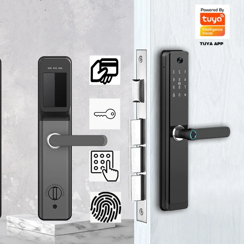 Home Security Features - スマートホームセキュリティドアロックTuya Wifi指紋認証コードスクリーンビュー電子ドアノブキー（ICカード機能付き）