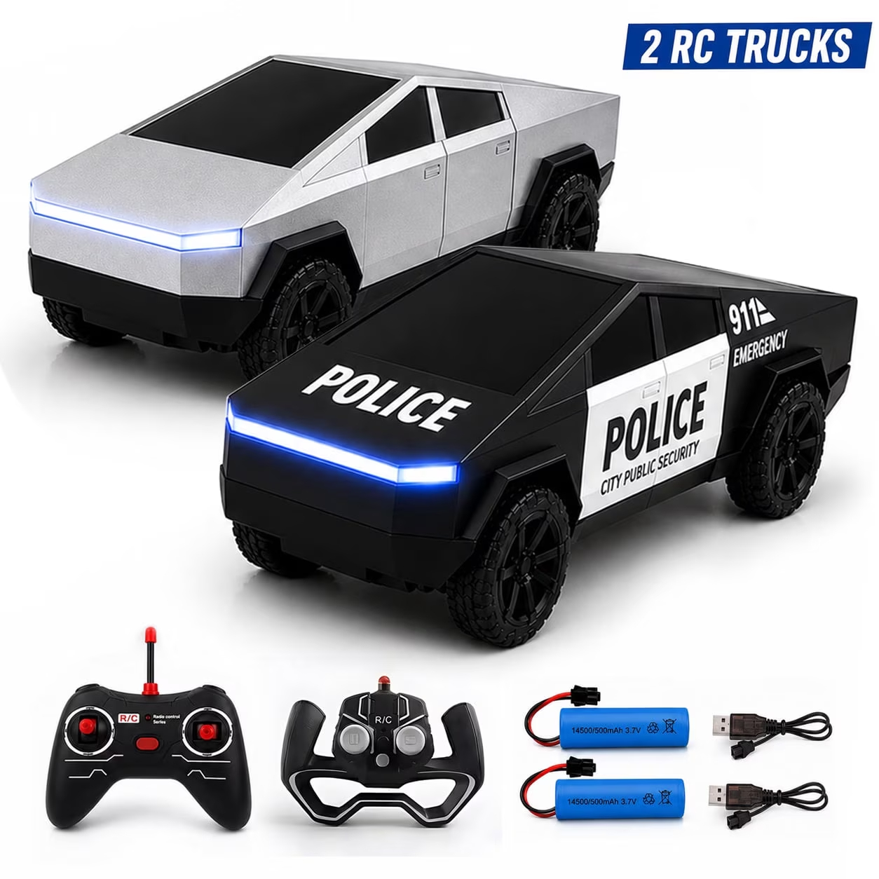 Home Security Police - 2個セット RCサイバートラックおもちゃ ラジコンカー シルバーピックアップポリスカー LEDライト付き 電動レーシングカー